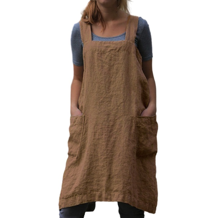 Pamut és len konyhai kötény keresztezett pántokkal, nagy zsebekkel, többszínű