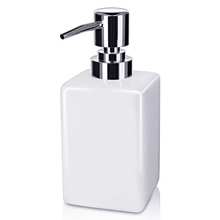 Dozator sapun QttvbTna, ceramic, capacitate 320ml, alb, 6.5x6.5x16cm