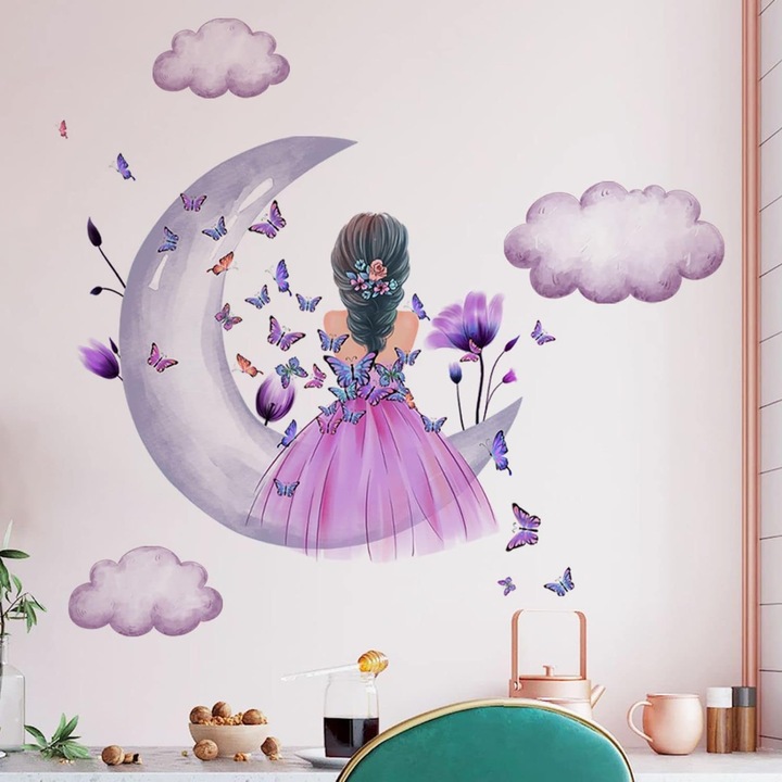 Стикер за стена с момиче и пеперуди, цветен дизайн, 30x60см, комплект от 2 листа