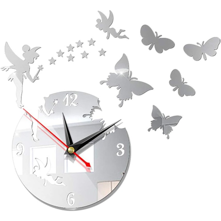 Ceas de perete DIY, decorativ, efect oglinda, fluture 3D, pentru casa si birou