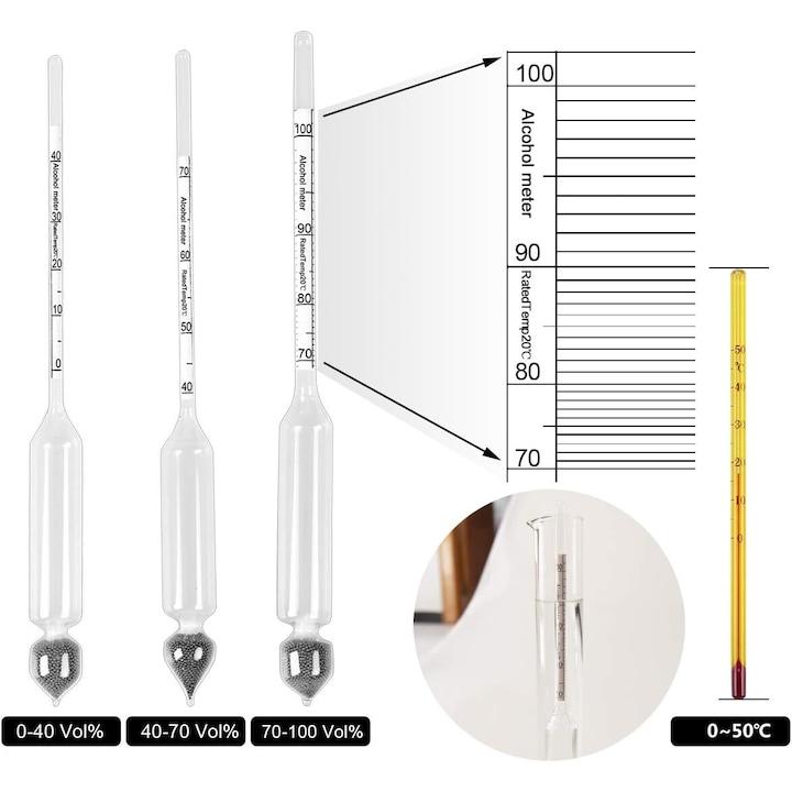 Set profesional de masurare a alcoolului, AMRINUGL, 3 hidrometre 0-100%, Termometru, Lemn, Multicolor