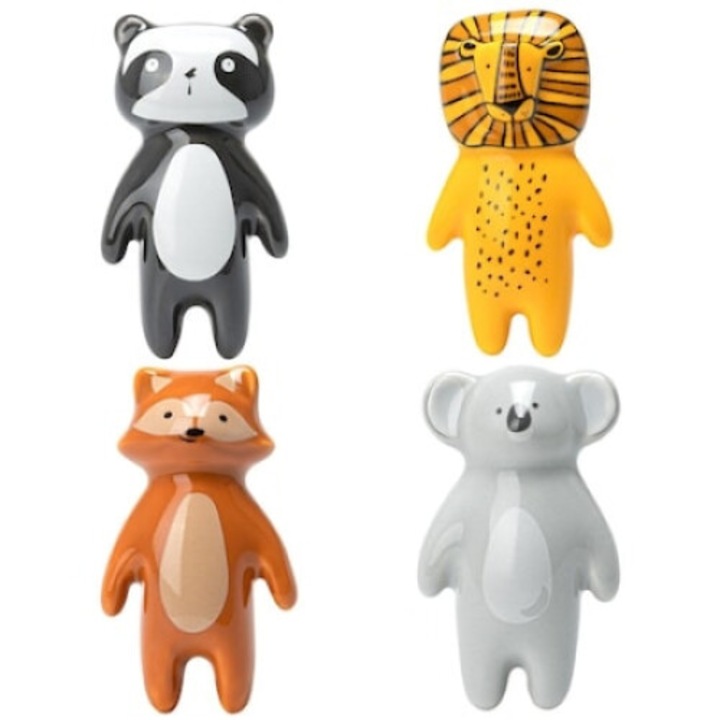 Set 4 manere colorate cu animale pentru mobilier copii, 63x34x23mm