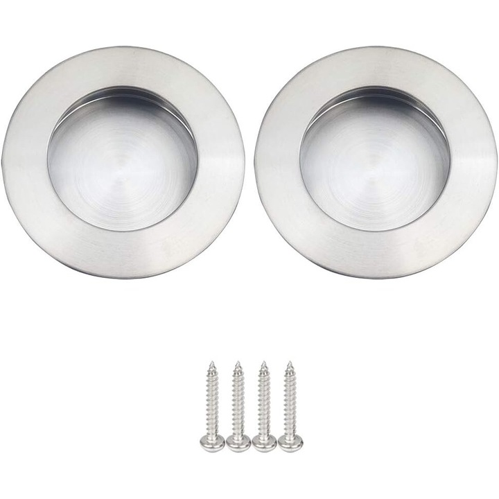 Set 2 manere rotunde pentru usi glisante, Inox, Finisaj satinat, 65 mm, Argintiu