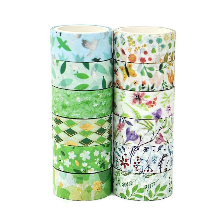 Комплект от 12 Washi Tape ленти, различни модели, 15mm x 3m