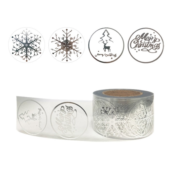 Karácsonyi borítékzáró matrica szett, Enforose, hópehely design, élénk színek, különböző méretek