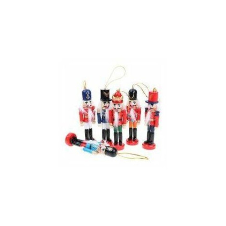 Set 6 Figurine Craciun, Soldatei Spargator de Nuci, Lemn, Multicolor, 12cm