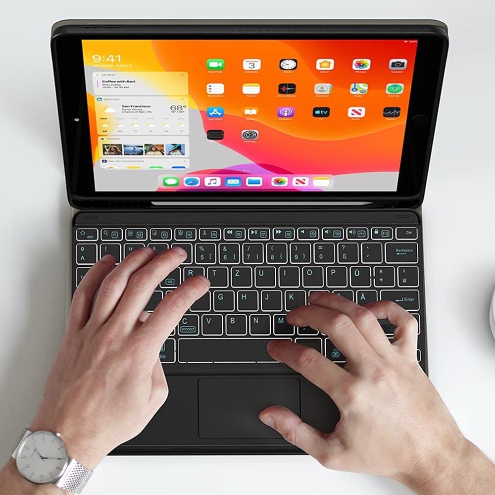 Husa cu tastatura detasabila pentru iPad, AMRINUGL, Bluetooth, suport pentru creion, piele PU