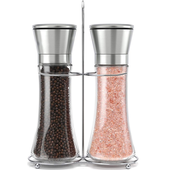 Set Rasnite Sare si Piper, Mecanism Reglabil, Sticla Transparenta, Suport Inclus