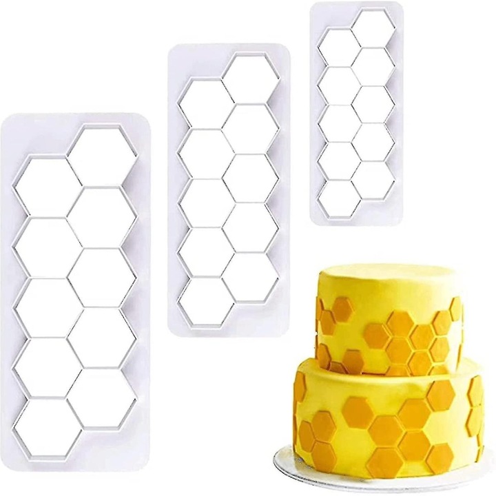 Set 3 Forme hexagonale pentru prajituri, Plastic, 12.5 x 5 cm / 16 x 6.5 cm / 19.5 x 8 cm, Alb