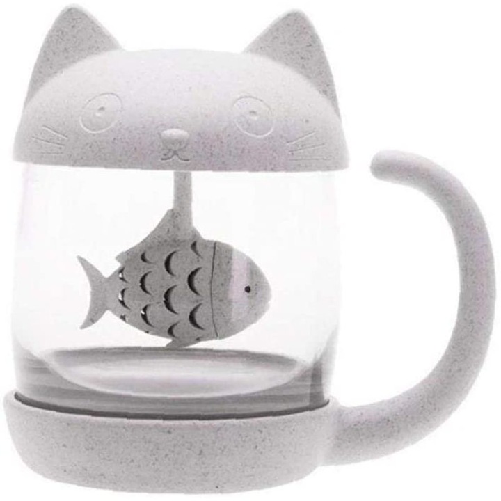 Bögre infúzióval, Boroszilikát üveg / Búza rost, Macska és hal alakú, 250 ml, 80 x 123 x 118 mm, Fehér