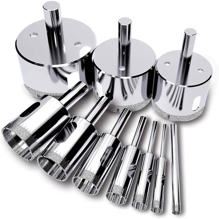 Set10 freze diamantate pentru gaurire, AniSqui, otel carbon, utilizare cu apa, 6-50mm, argintiu