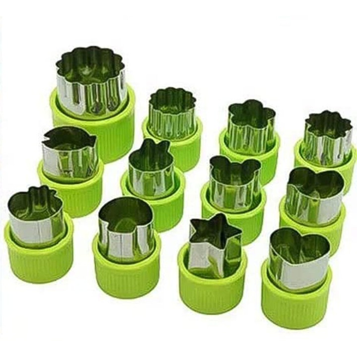 Set 12 forme prajituri multifunctionale, inox si PP, verde si argintiu, diverse forme, 3.8x5.3cm, 2.5x3.8cm