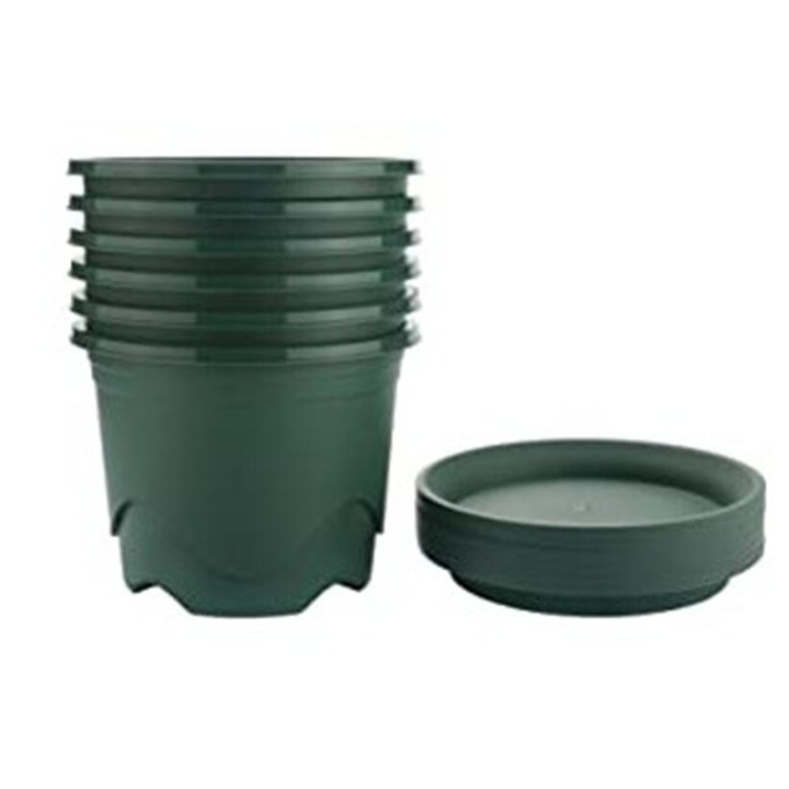 Set 5 ghivece cu tava, rasina PP, verde, 16x12.5cm