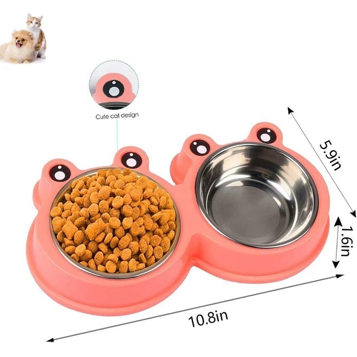 Bol dublu pentru hrana, Plastic/Inox, 27.5x15x4 cm, Multicolor