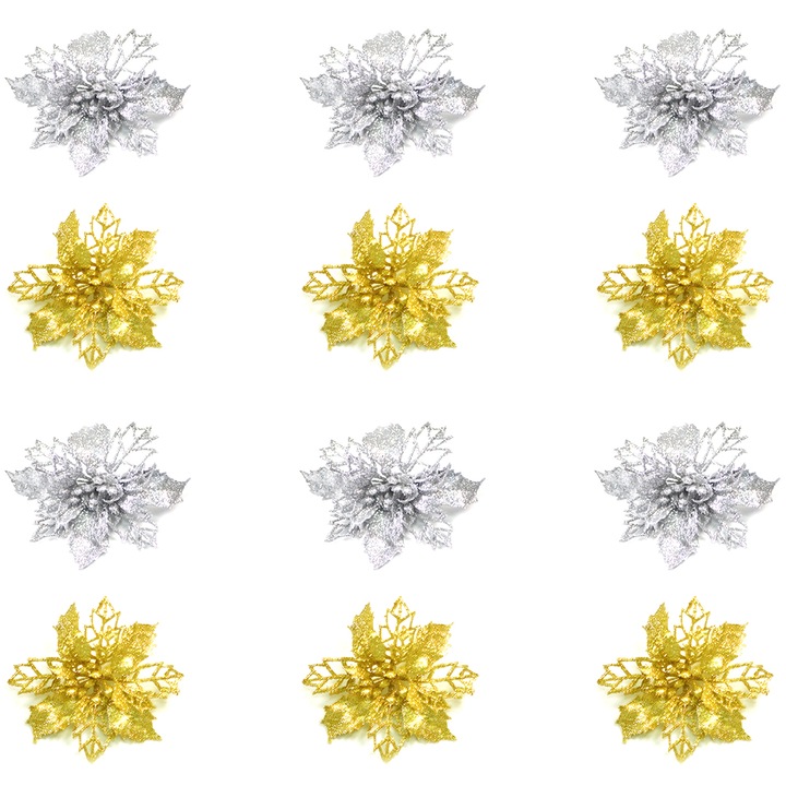 Set 12 flori artificiale de Craciun, auriu/argintiu, 10cm