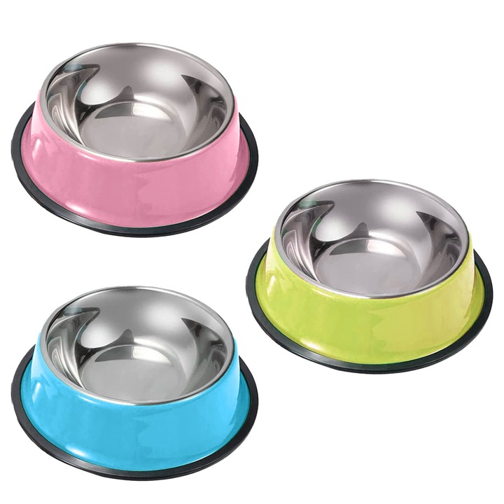 Set 3 Castroane din Inox pentru Pisici si Catei, Antiderapante, Multicolor