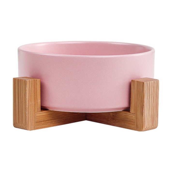 Castron ceramic pentru hrana si apa animale, cu suport din lemn, roz