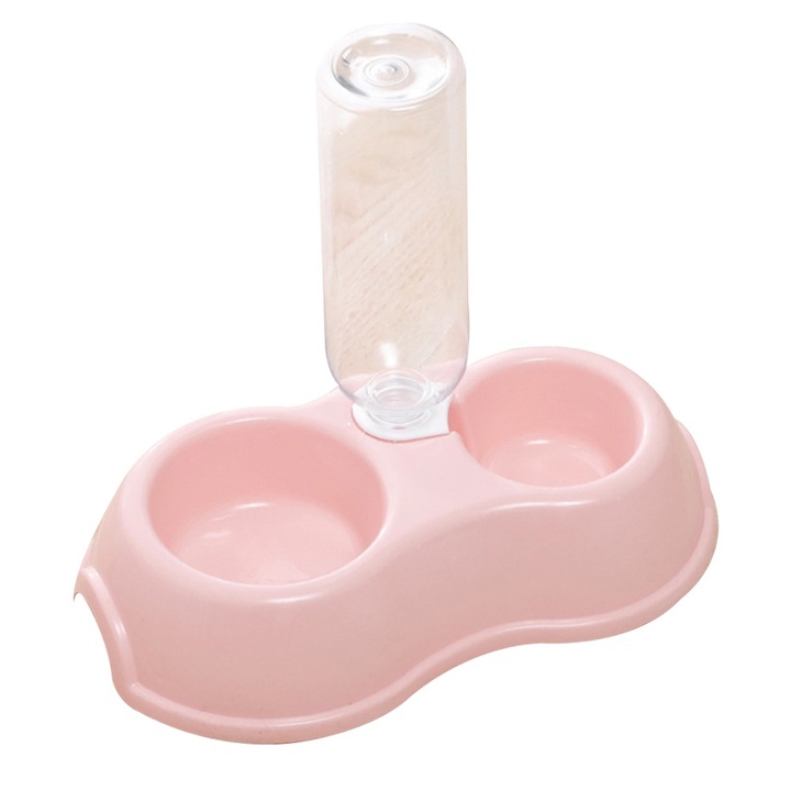 Set 2 in 1 castron automat pentru hrana si apa, material sigur, usor de curatat, roz, pentru animale mici si medii