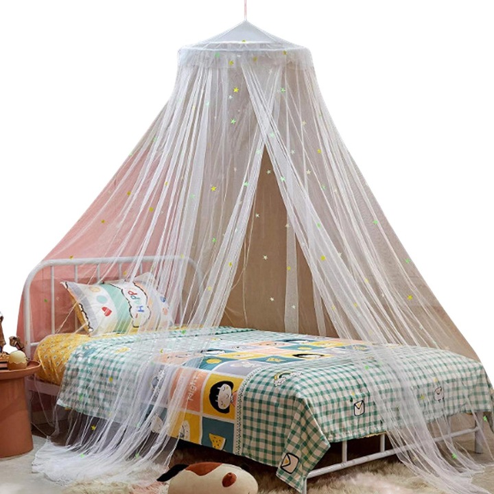 Set Baldachin cu Stele Fosforescente, Protectie Impotriva Tantarilor, Alb, 60x250x850cm