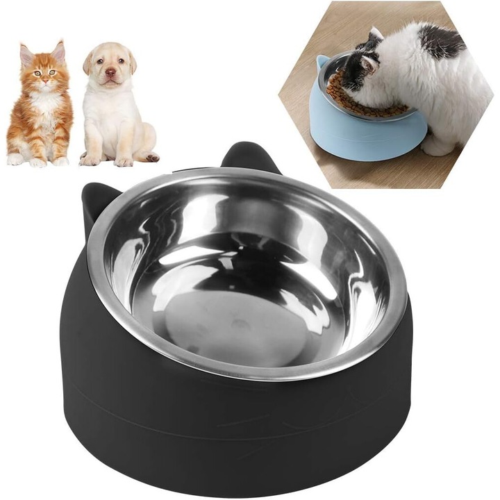 Castron inclinat pentru hrana animale, Inox, 200 ml, Negru/Argintiu