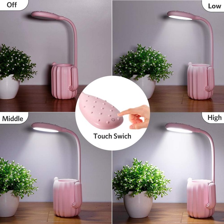 Lampa de birou LED ZYBLSSBB LSM2XH24462-GX-505, design cactus cu suport pentru pixuri, reincarcabila USB, reglaj tactil 3 nivele, gat flexibil, roz