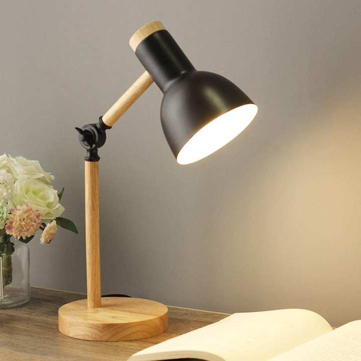 Lampa de masa metal si lemn negru 220x240V E27 fara bec