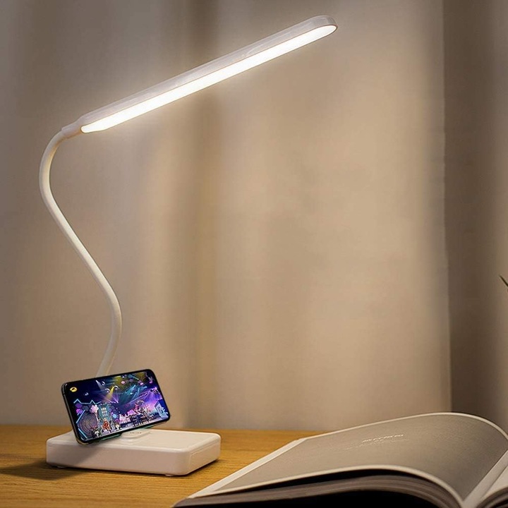 Lampa de birou LED reincarcabila USB ZYBLSSBB LSM2XH26292-ZYY-0985, senzor tactil cu reglare in 3 trepte si 3 temperaturi 3000–6000K, baterie 1500mAh, 2.5W, brat flexibil, alb, 240x70 mm