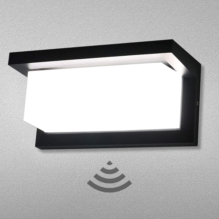 Стенна лампа, Cozevdnt, Алуминий / Поликарбонат, Сензор за движение, IP65, 18 W, 125 x 125 x 260 mm, Черен