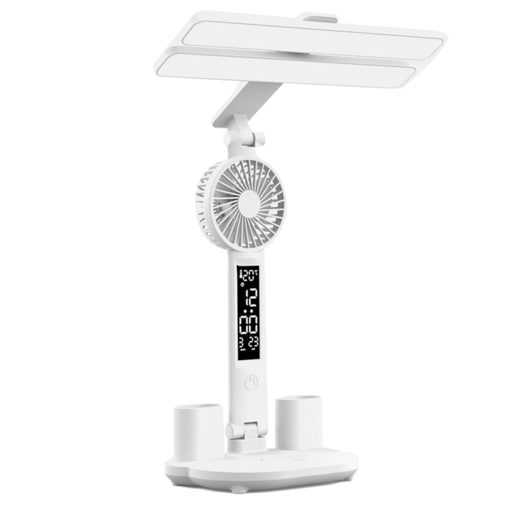 LED лампа с вентилатор, настолна, многофункционална, регулируема, 3 цветови режима, поставка за телефон, многоцветна
