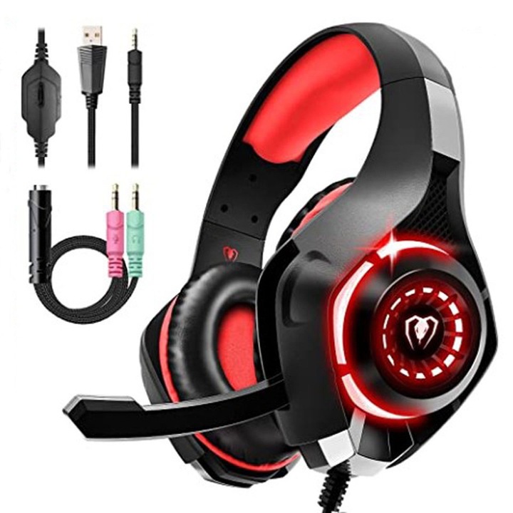 Casti Gaming, Sunet Surround 360, Microfon cu Anulare Zgomot, Usoare, Compatibilitate Multiplatforma, Rosu/Negru