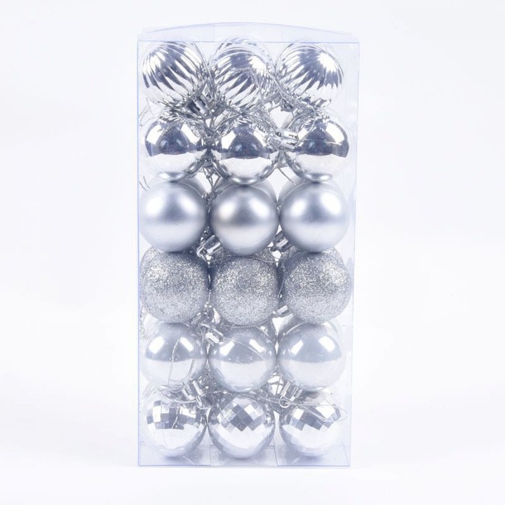 Set de 36 de decoratiuni de Craciun mini, Enforose, plastic indestructibil, argintiu, 4cm