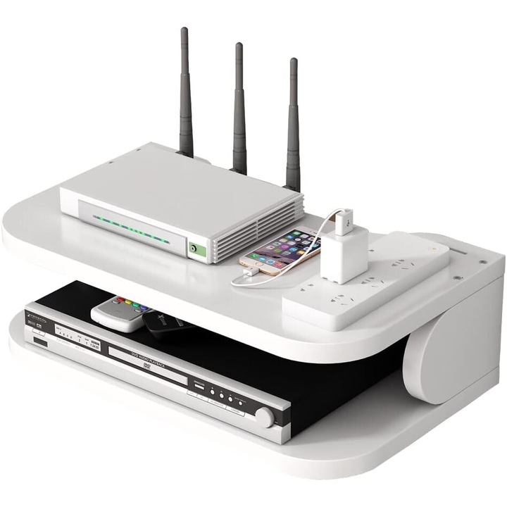 Router fali tartó, 2 rétegű, színes cseresznye/fehér, 33,3x19,5x10 cm, szerelőkészlet mellékelve