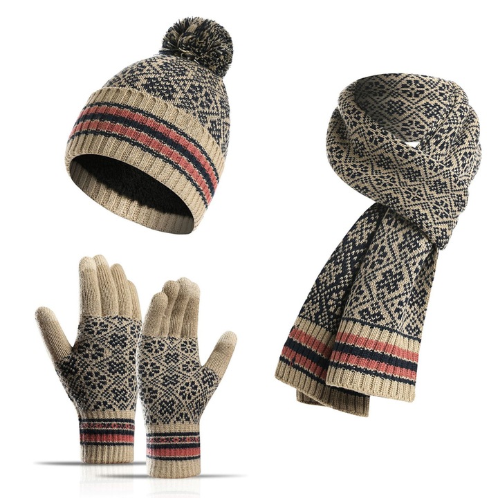 Set 3 in 1, esarfa, caciula cu pompom si manusi touchscreen, multicolor, 35x180cm