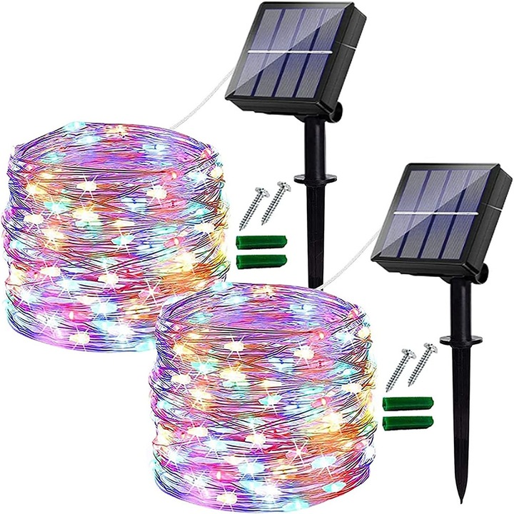 Комплект от 2 x соларни LED лампи, 120 LED, 12.5m, многоцветни, меден кабел, водоустойчиви