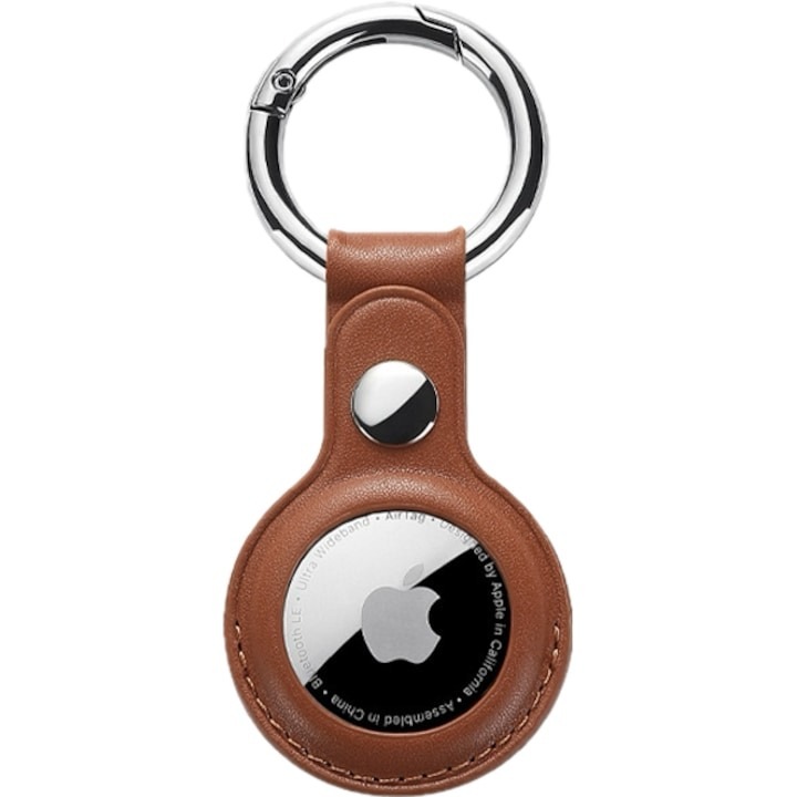 Husa de protectie pentru AirTag, PU Piele, cu carabinier, maro, set