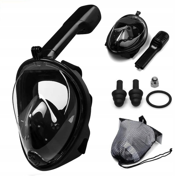 Пълна маска за гмуркане с поддръжка на камера, 180° видимост, водоустойчива, черна, L/XL