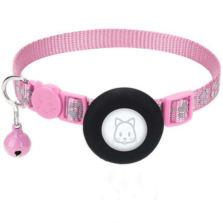 Zgarda reflectorizanta pentru pisici, cu catarama de siguranta si clopotel, ajustabila, roz