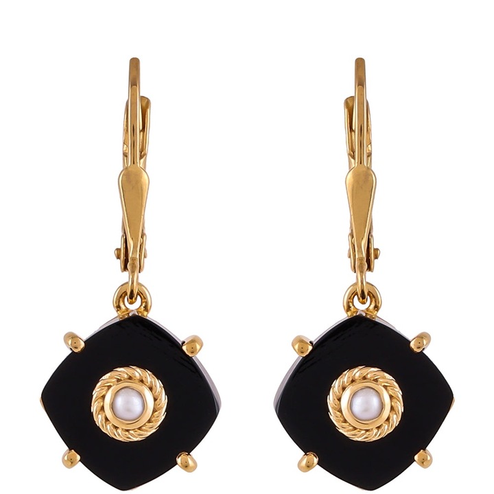 Arannyal Bevont Ezüst Fülbevaló Fekete Onixszal és Édesvízi Gyönggyel