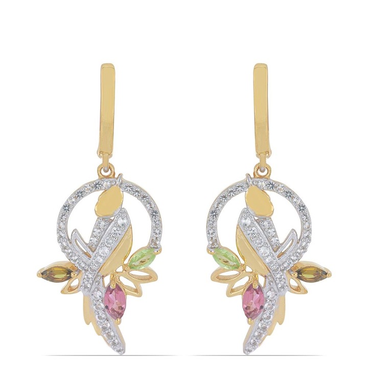 Arannyal Bevont Ezüst Fülbevaló Pelmadulla-i Szivárvány Turmalinnal és Fehér Topázzal