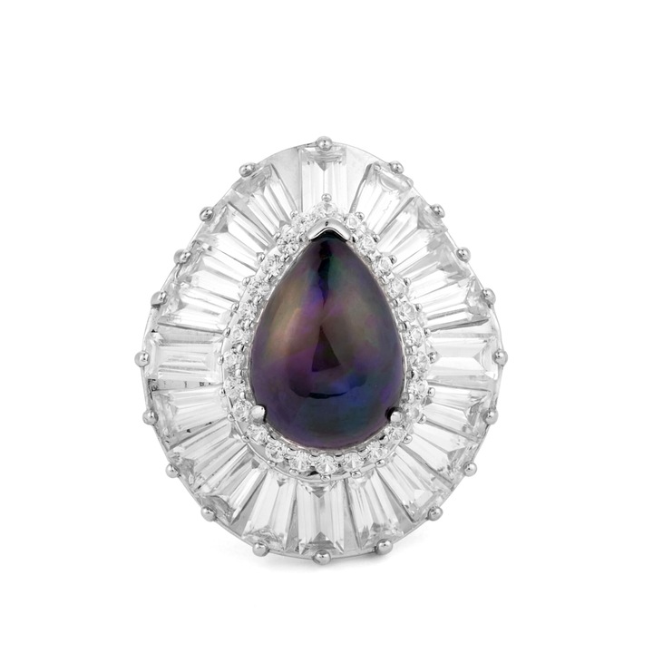 Ezüst Gyűrű Lega Dembi Éjfekete Etiópiai Opállal és Fehér Cirkónnal