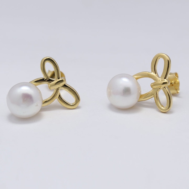 Arannyal Bevont Ezüst Fülbevaló Édesvízi Fehér Gyönggyel