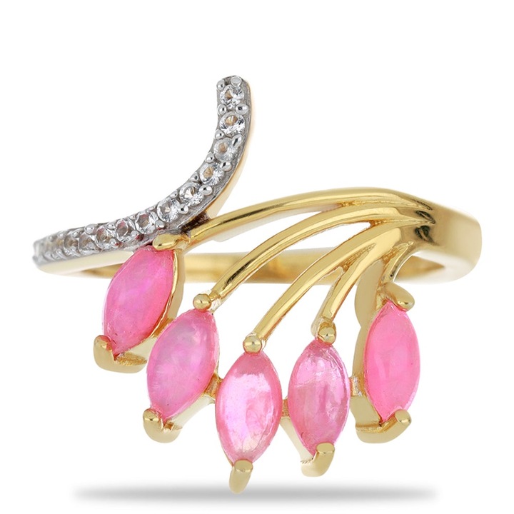 Arannyal Bevont Ezüst Gyűrű Pink Opállal és Fehér Topázzal