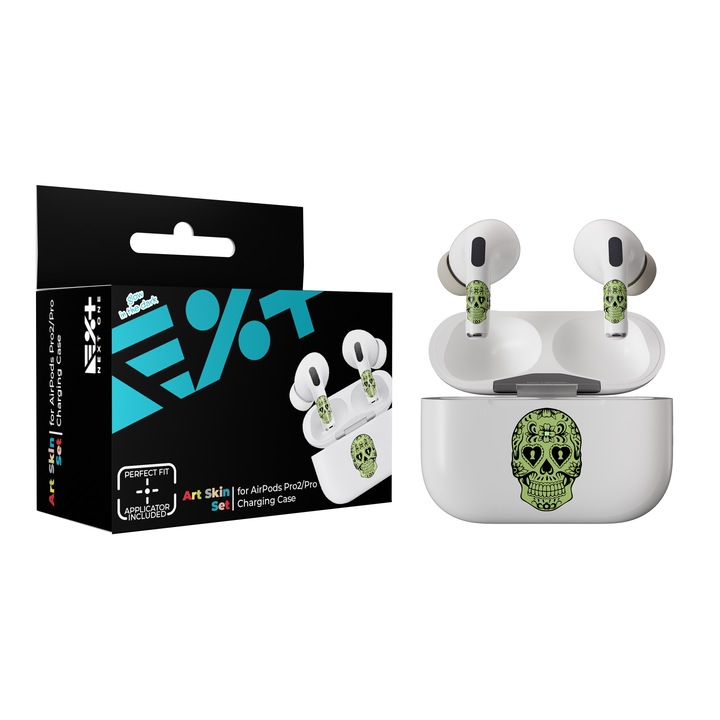 3 db NEXT ONE foszforeszkáló matrica készlet AirPods Pro 1/2, Glowing Skull készülékhez
