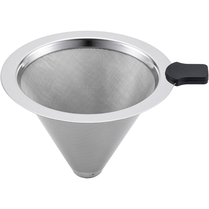 Filtru cafea permanent, V-shaped, inox 304, 13.4x9.5x8.2cm, maner silicon argintiu, pentru 1-3 persoane