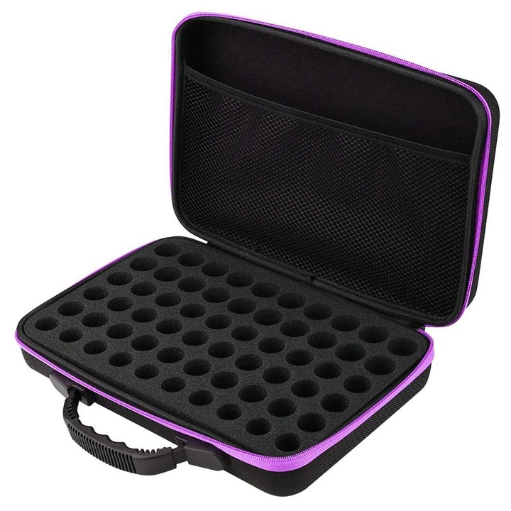 Organizator tip geanta, Axroad Mall, Capacitate Mare cu Fermoar, Maner Rezistent, Rezistent la socuri si la cadere, Portabil, 60 Compartimenete 5ml/10ml/15ml, Pentru Organizarea de Uleiuri Esentiale, 32 x 22.5 x 9 cm, Nylon, Negru/violet