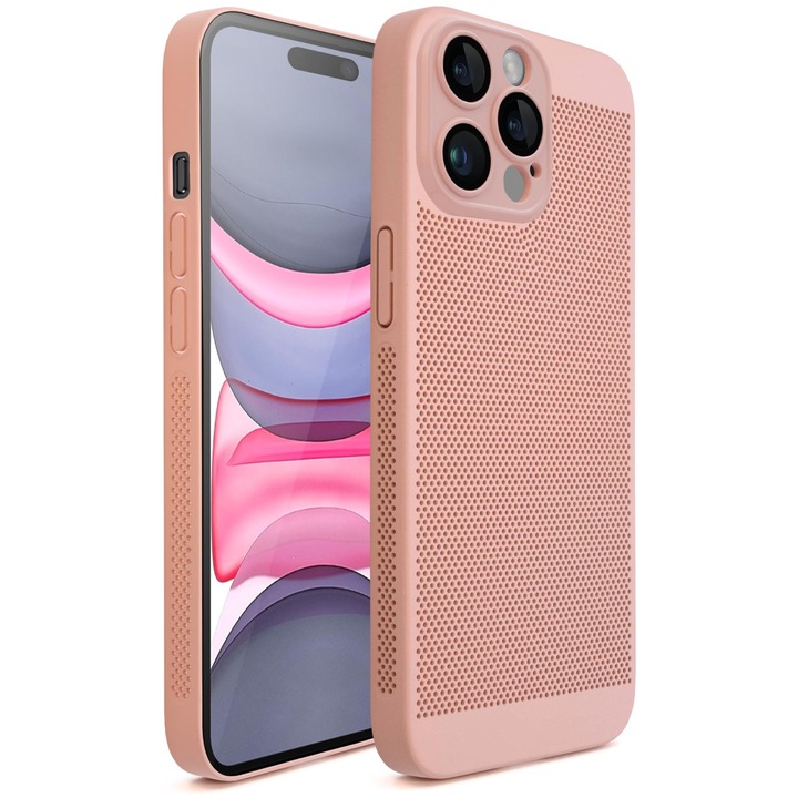 Калъф за телефон Moozy за iPhone 14 Pro, пастелно розов с перфорирана шарка за вентилация