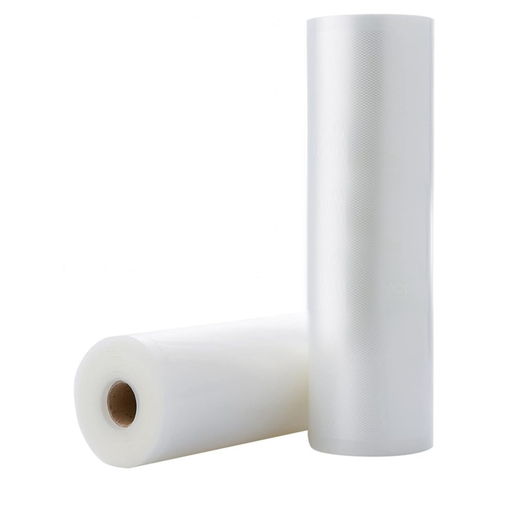 Set 2 Role Pungi De Vidat Gofrate, Zggzerg, 25 x 500cm, Fara BPA, Umiditate -rezistent si mucegai, Rezistente la rupere si temperaturi inalte, Conservarea alimentelor, Potrivit pentru carne, legume, fructe, PE+PA, Transparent