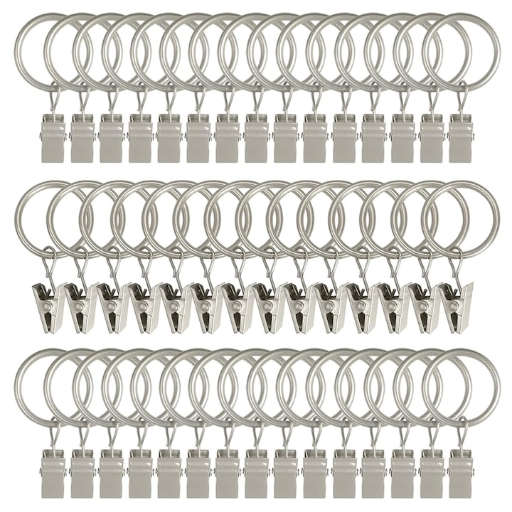 Set 44 de inele pentru perdele cu cleme, Axroad Mall, Capacitate portanta mare, Agatarea si fixarea usoara, Rezistent la rugina si coroziune, Pentru hoteluri, restaurante, sali de conferinte, dormitoare, 7.2 × 3.8cm, Metal, Argintiu mat