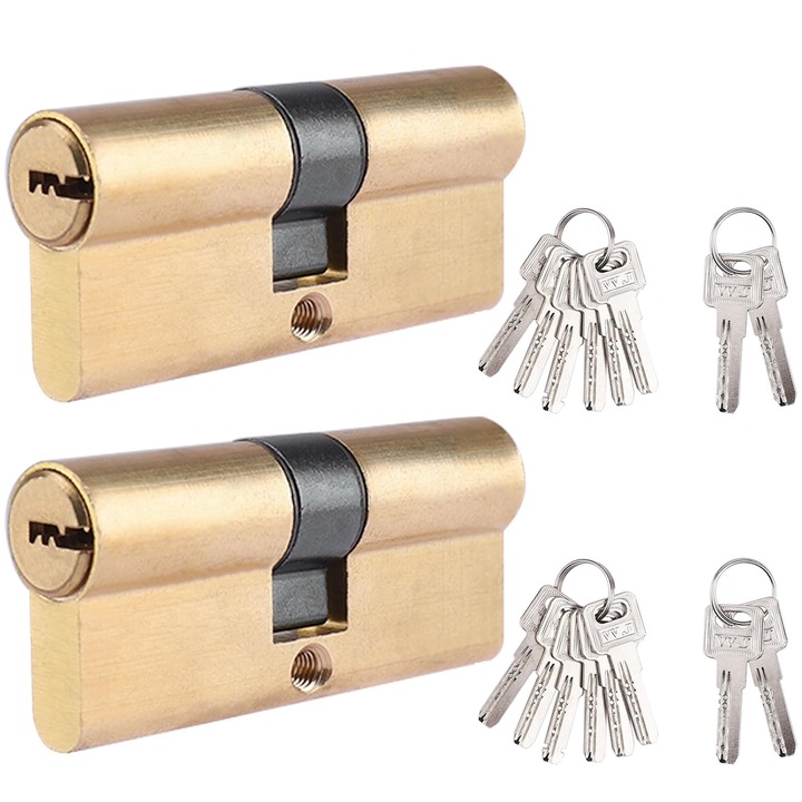 Комплект от 2 цилиндъра с бутон, Zggzerg, Центриран тип, Дължина 60 мм (30+30), Включени ключове, Защита от откъсване, Защита от пробиване, Защита от удари, Защита от изскубване, Устойчив на ръжда и износване, Лесен за монтаж, Универсален, Месинг, Жълт