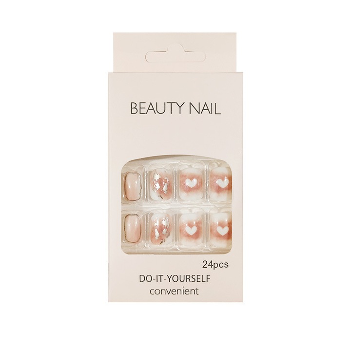 Műköröm szett, fehér szerelmes szív, FanFox™, 24 db, fehér/rózsaszín, rövid, ragasztóval (tiszta rózsaszín tipek)